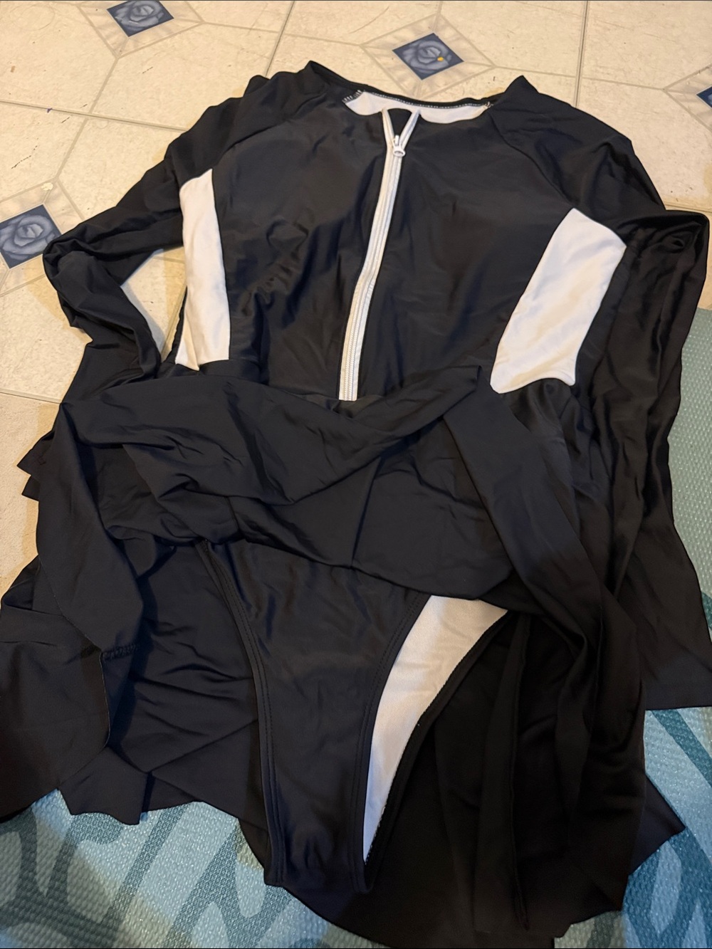 Black and White Long Sleeve Zip-Front One-Piece Swimsuit